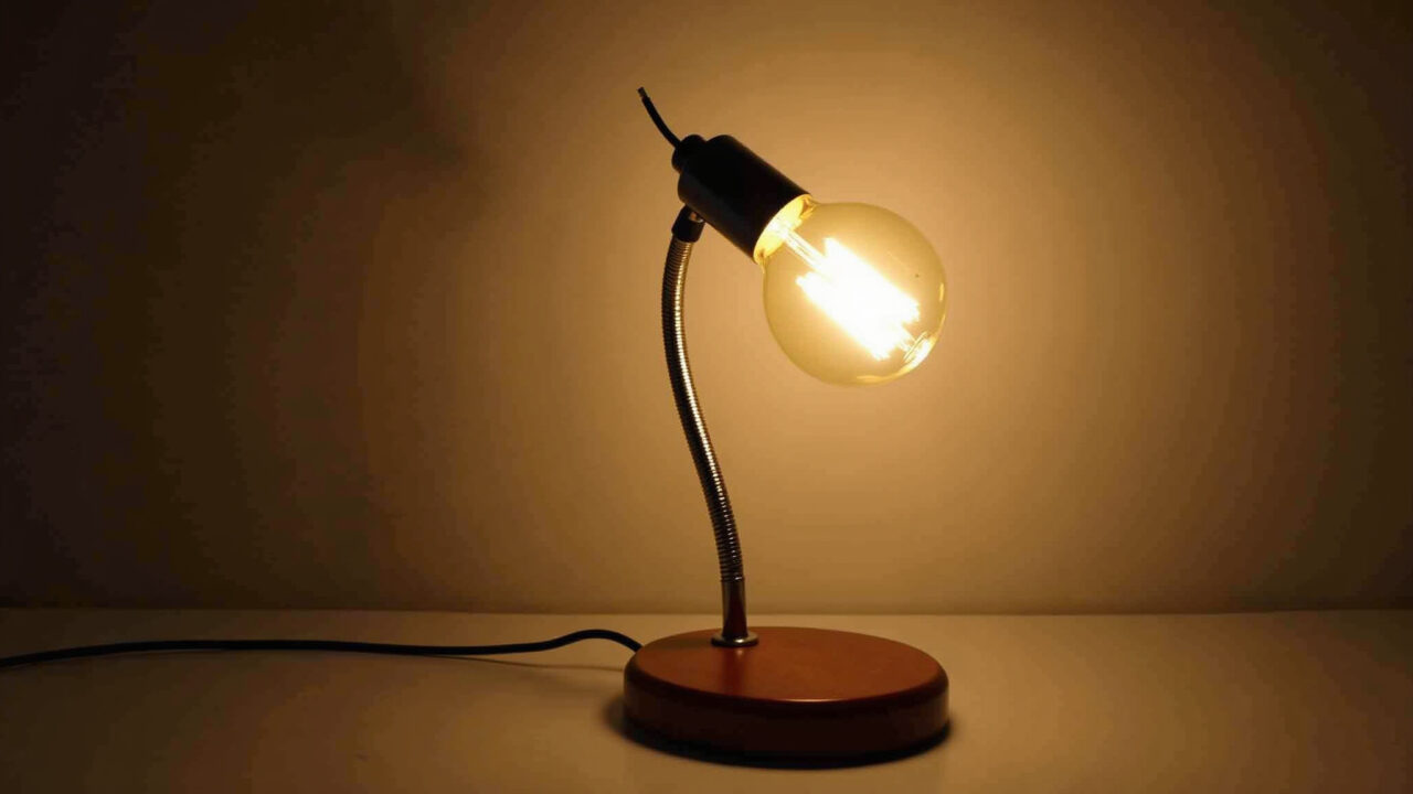 Luminária de mesa com lâmpada de filamento e base de madeira, charme vintage.