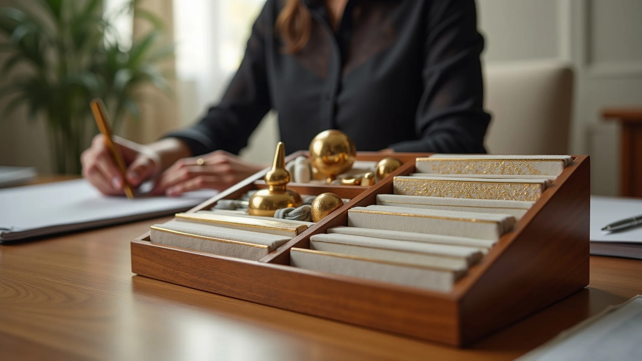 Organizador de mesa com detalhes dourados em home office com design brasileiro.
