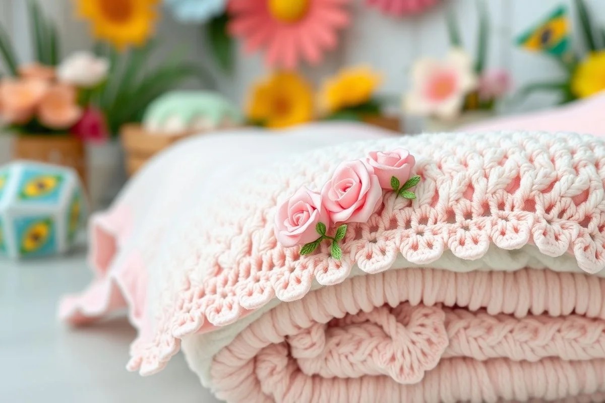 Detalhe de manta de bebê com bico de crochê floral com pequenas rosas.