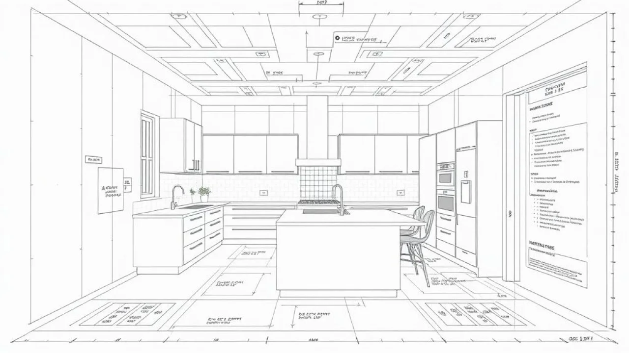 Planta detalhada de projeto de cozinha com dimensões e especificações de materiais.