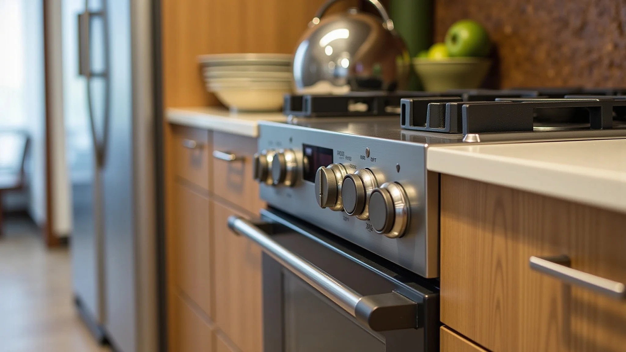 Ilha de cozinha funcional com cooktop e bancada de mármore.