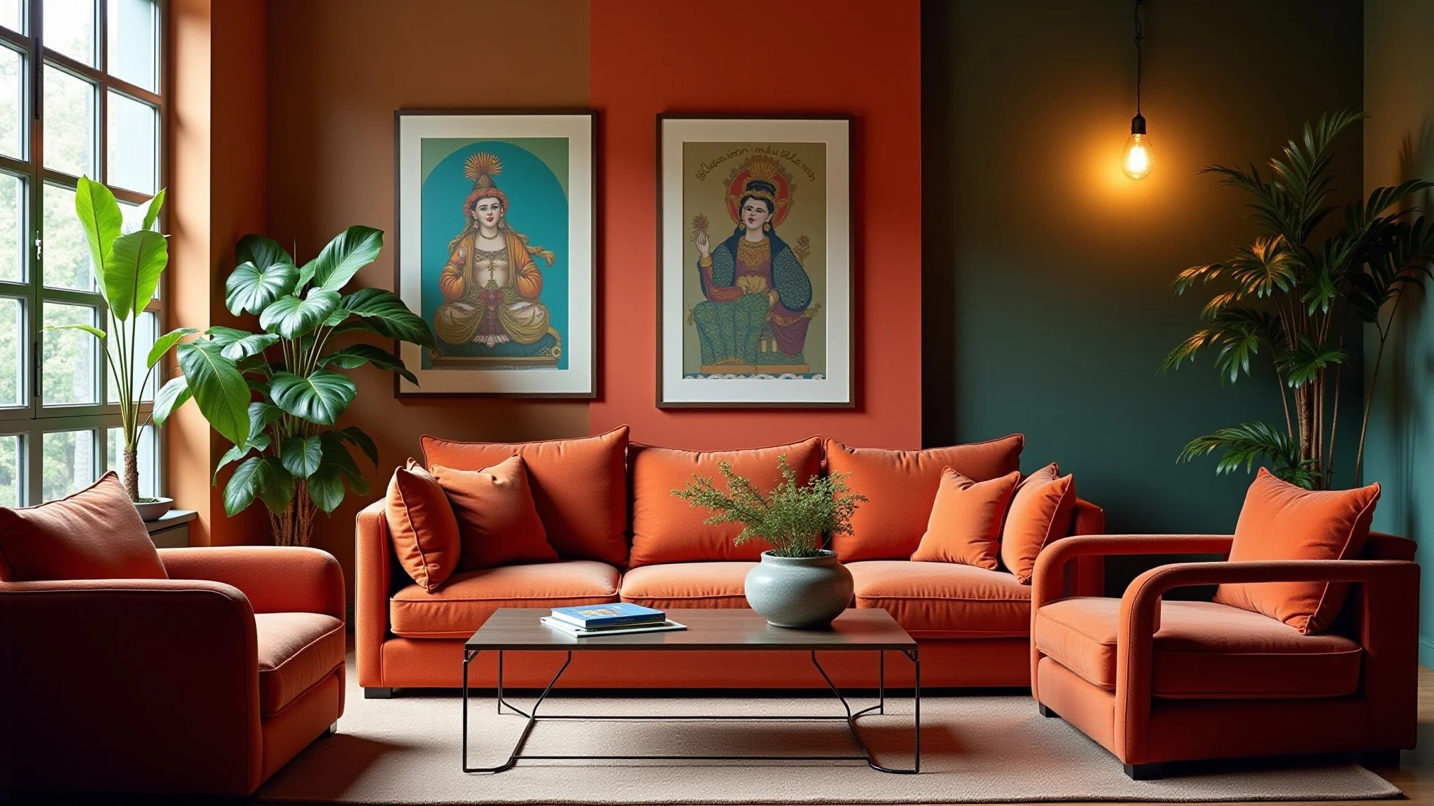 Detalhes de decoração em sala com cores terrosas e iluminação natural