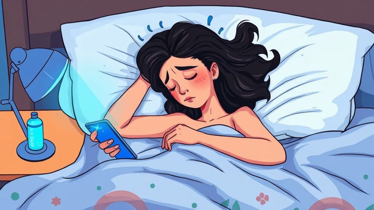 Ilustração de mulher brasileira sem sono, smartphone e olheiras.