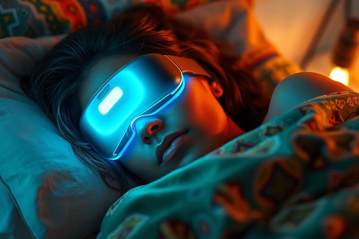 Brasileira usando máscara de sonho lúcido para dormir.