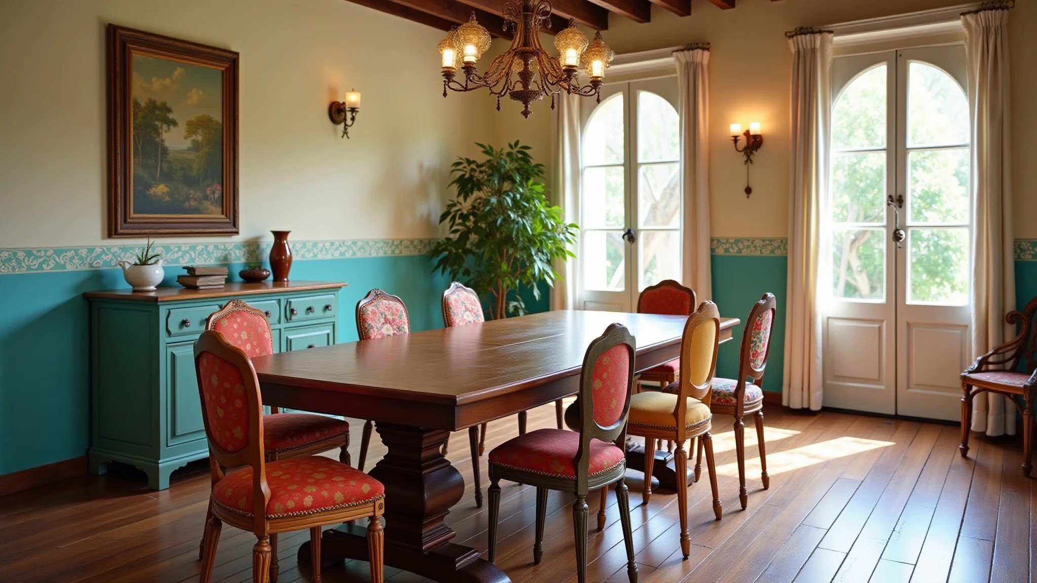 Sala de jantar com mesa antiga e cadeiras coloridas em estilo Farm Rio.
