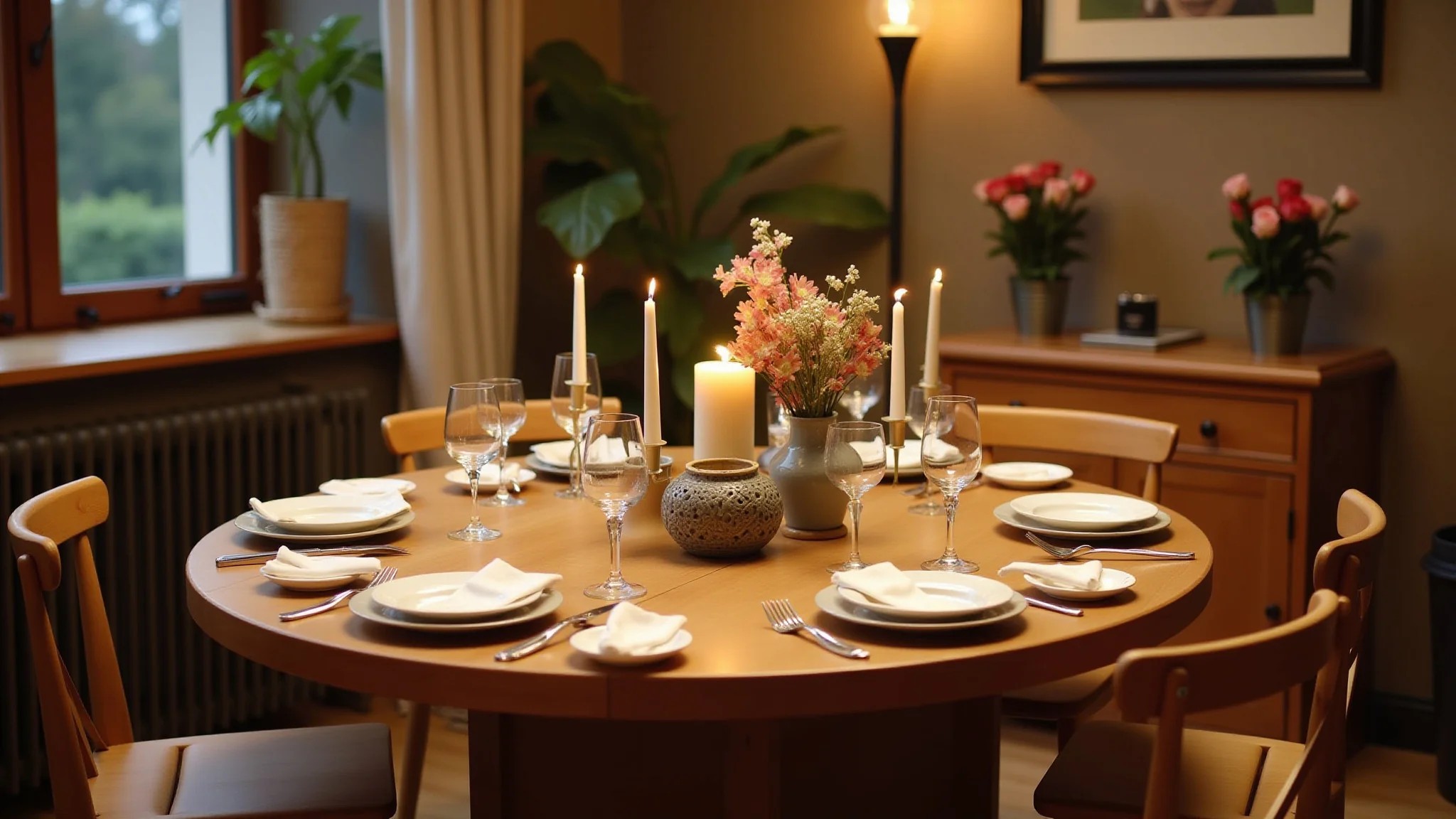 Mesa de jantar redonda pronta para um jantar, com velas e flores.