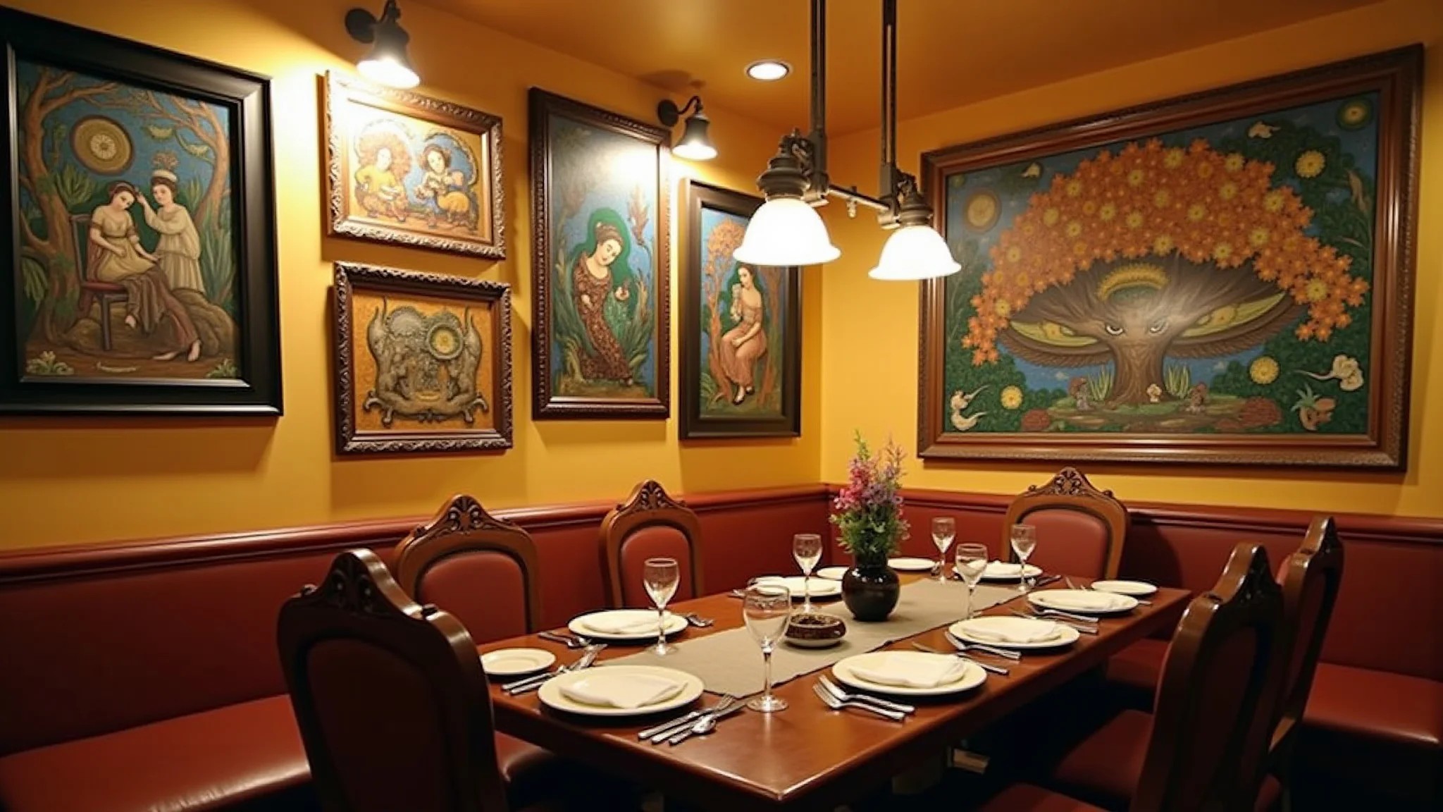 Sala de jantar com obras de arte nas paredes, expressando estilo pessoal.