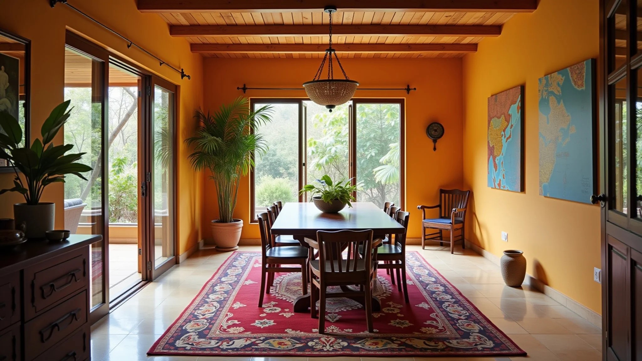 Sala de jantar com tapete aconchegante definindo o espaço.