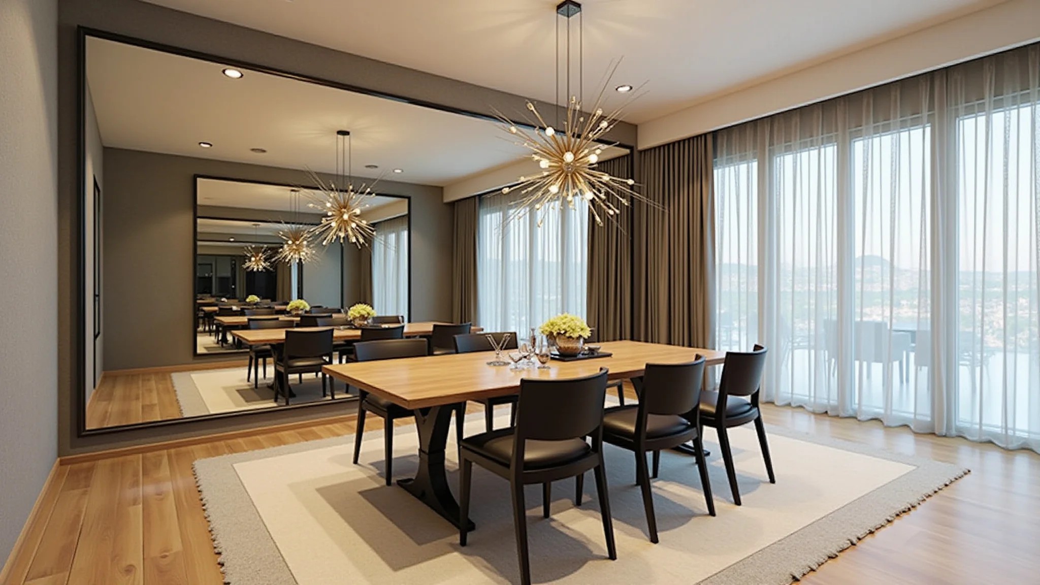 Sala de jantar com espelho amplo refletindo o espaço e ampliando o ambiente.