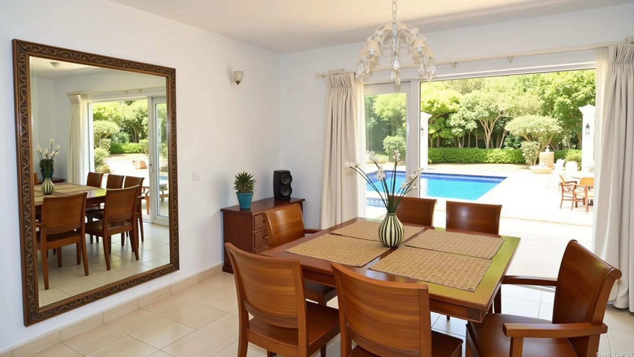 Espelho atrás da mesa de jantar refletindo um jardim, iluminação brilhante e decoração brasileira.