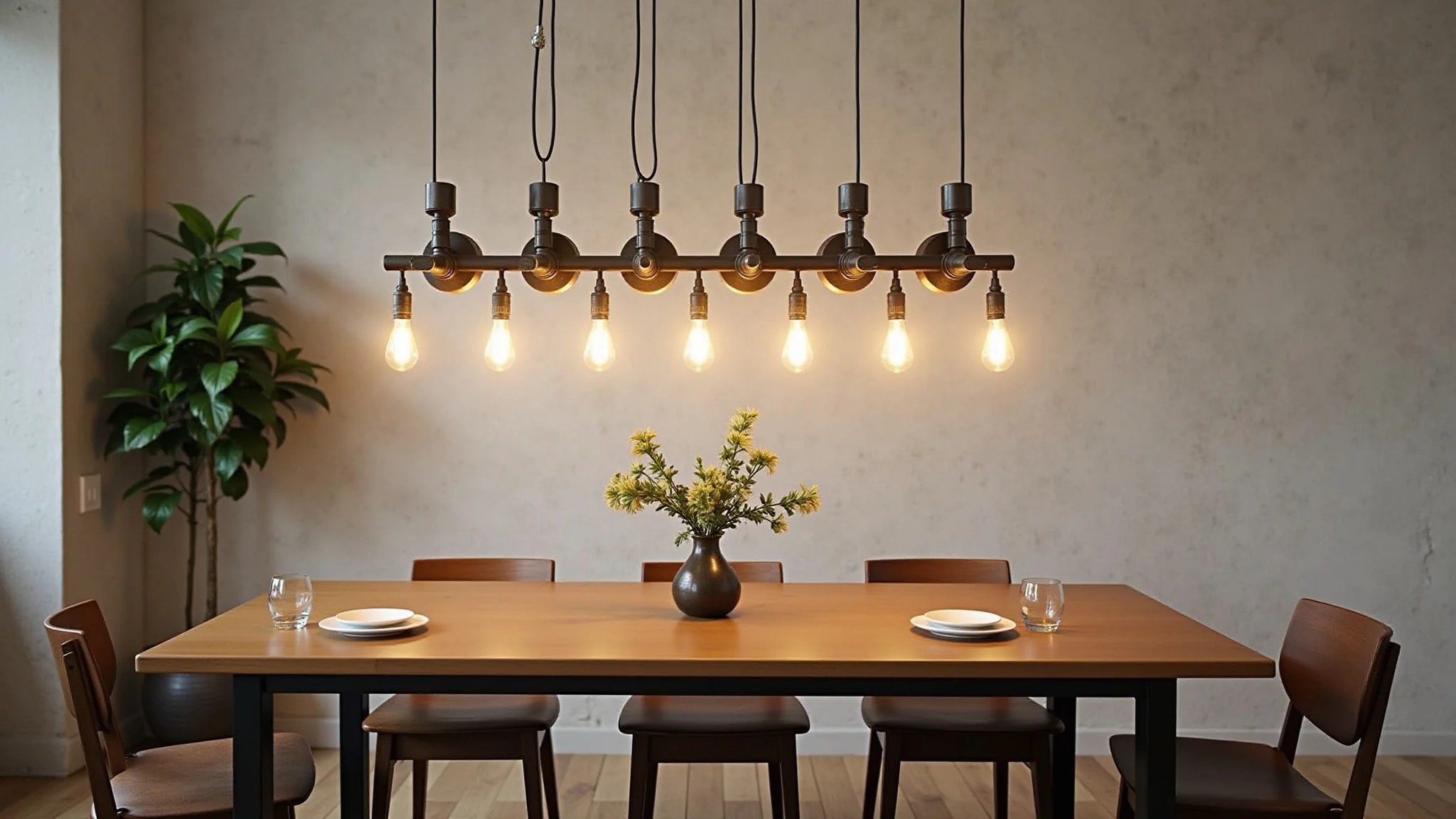 Sala de jantar com lustre industrial, lâmpadas aparentes e detalhes em metal.