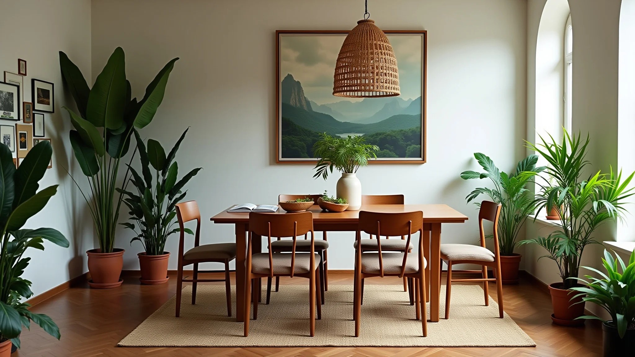 Sala de jantar com plantas internas trazendo a natureza para dentro de casa.