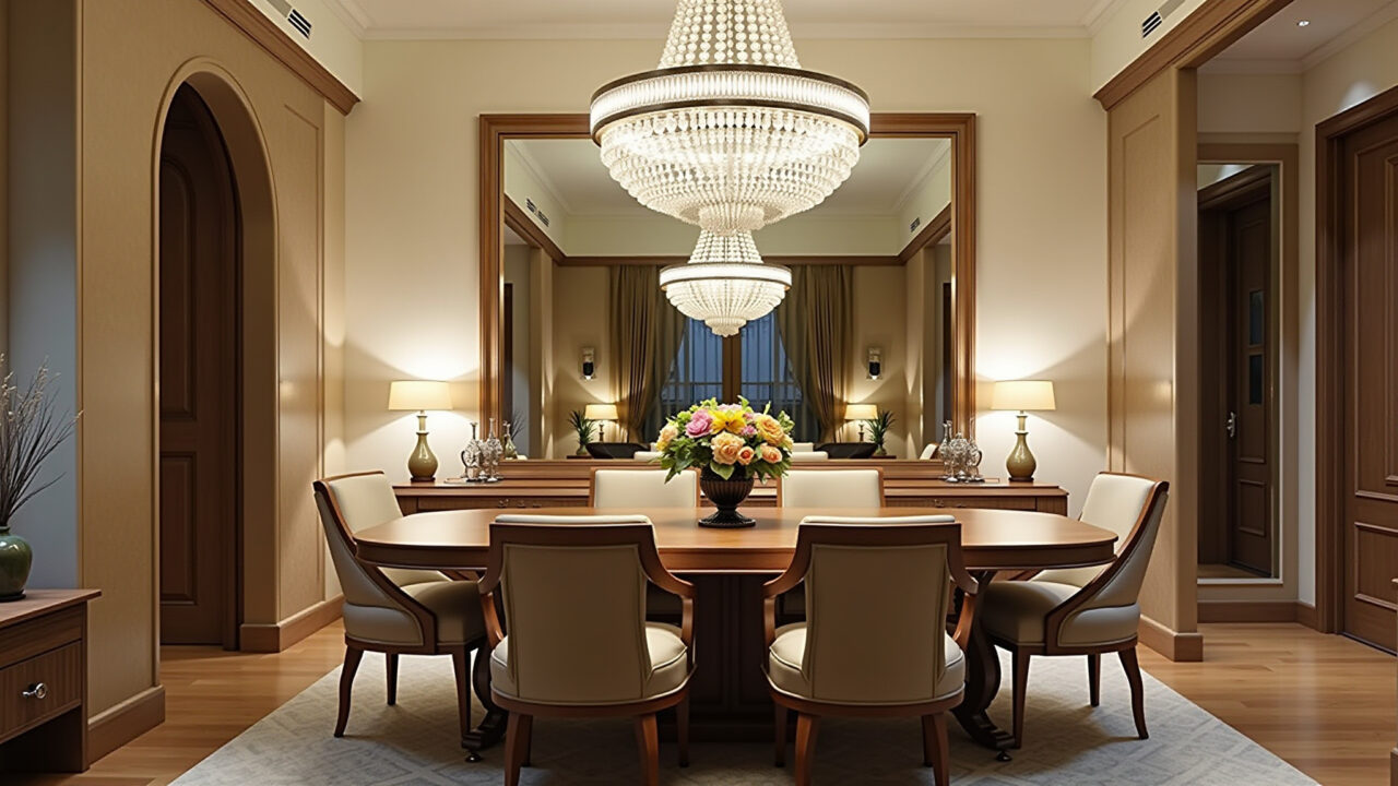 Sala de jantar com espelho refletindo o lustre e a mesa posta.