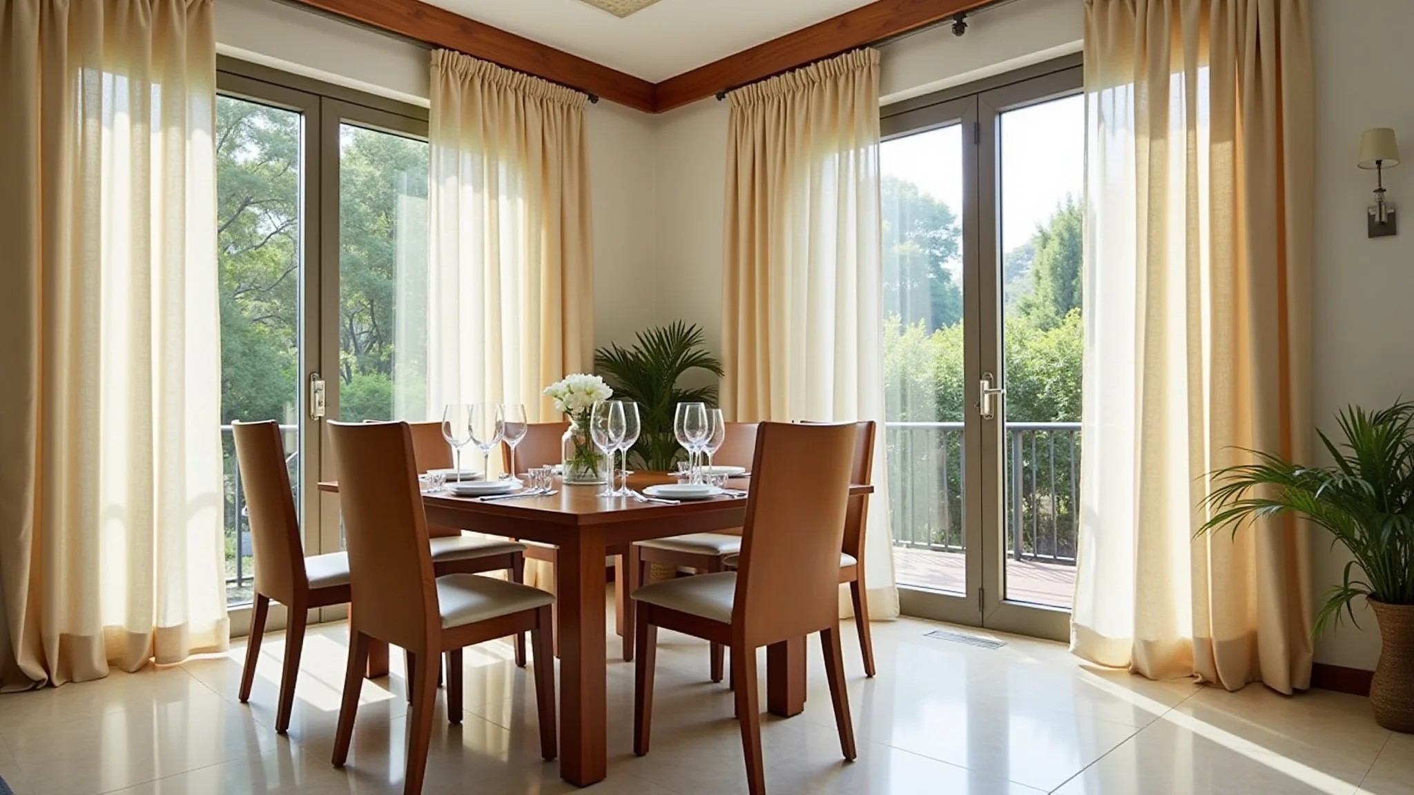 Sala de jantar com cortinas leves permitindo a entrada de luz natural.