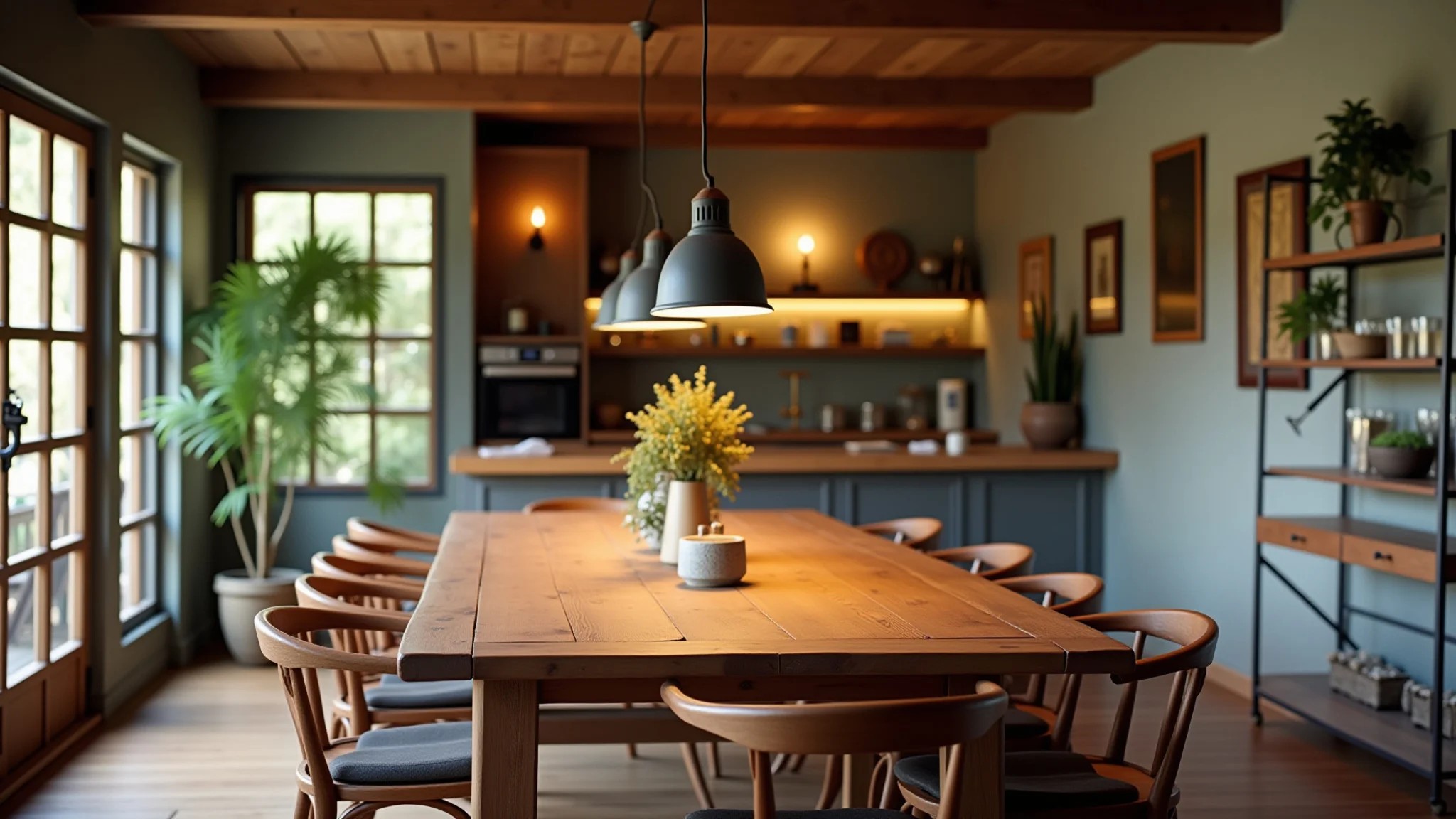 Sala de jantar com luminárias pendentes e mesa rústica, atmosfera acolhedora.