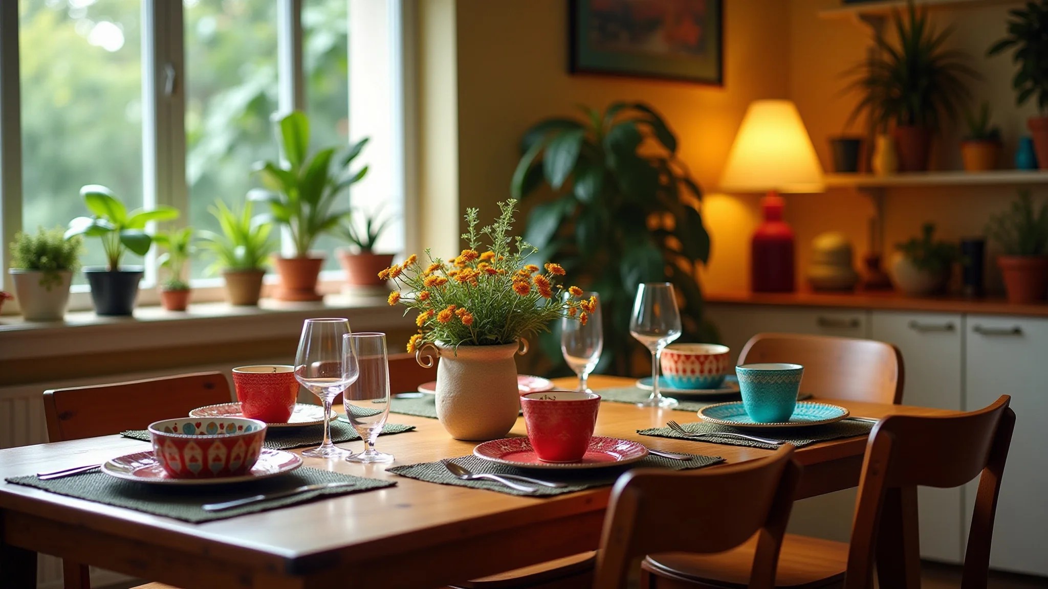Mesa de jantar com louça vibrante, cercada por plantas e flores.