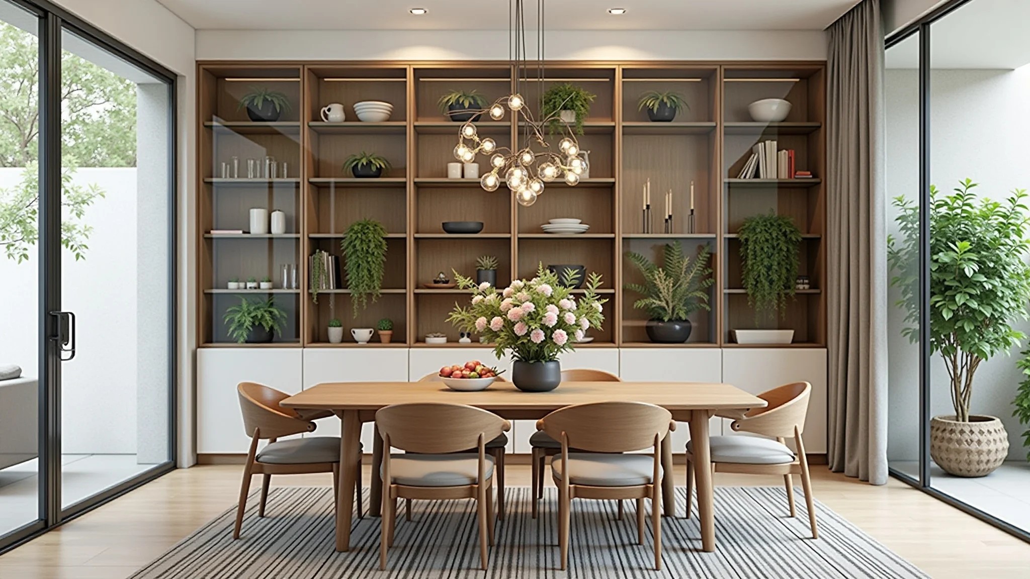Cristaleira com plantas e flores, adicionando um toque natural à sala de jantar brasileira.