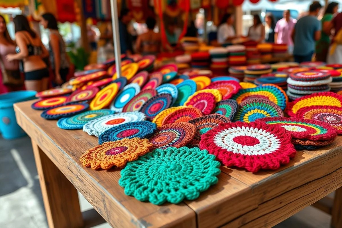 Exposição de porta copos de crochê em feira de artesanato brasileira