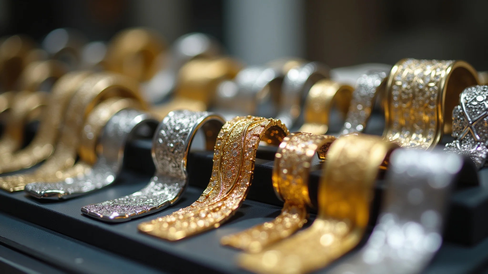 Exposição de bijuterias de aço inox, ouro 18k e titânio. Qualidade profissional e foco nítido.