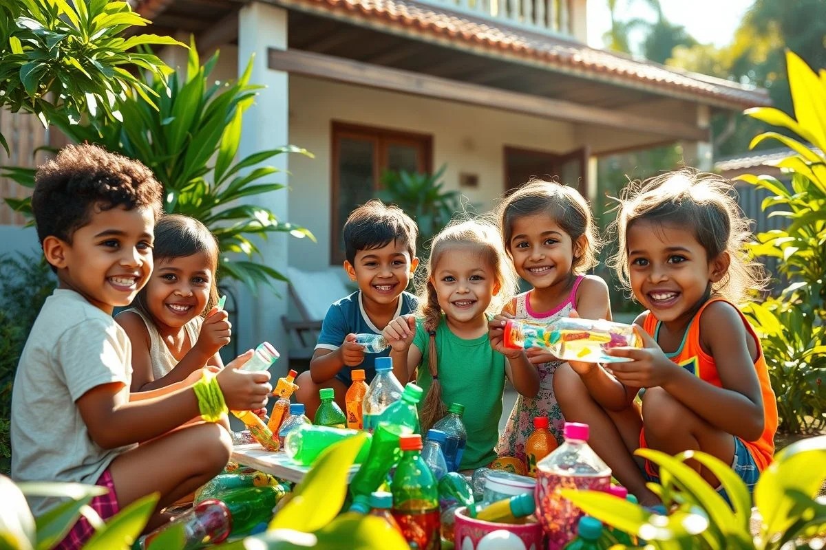 Crianças brasileiras brincando com brinquedos feitos de garrafa PET em quintal ensolarado.