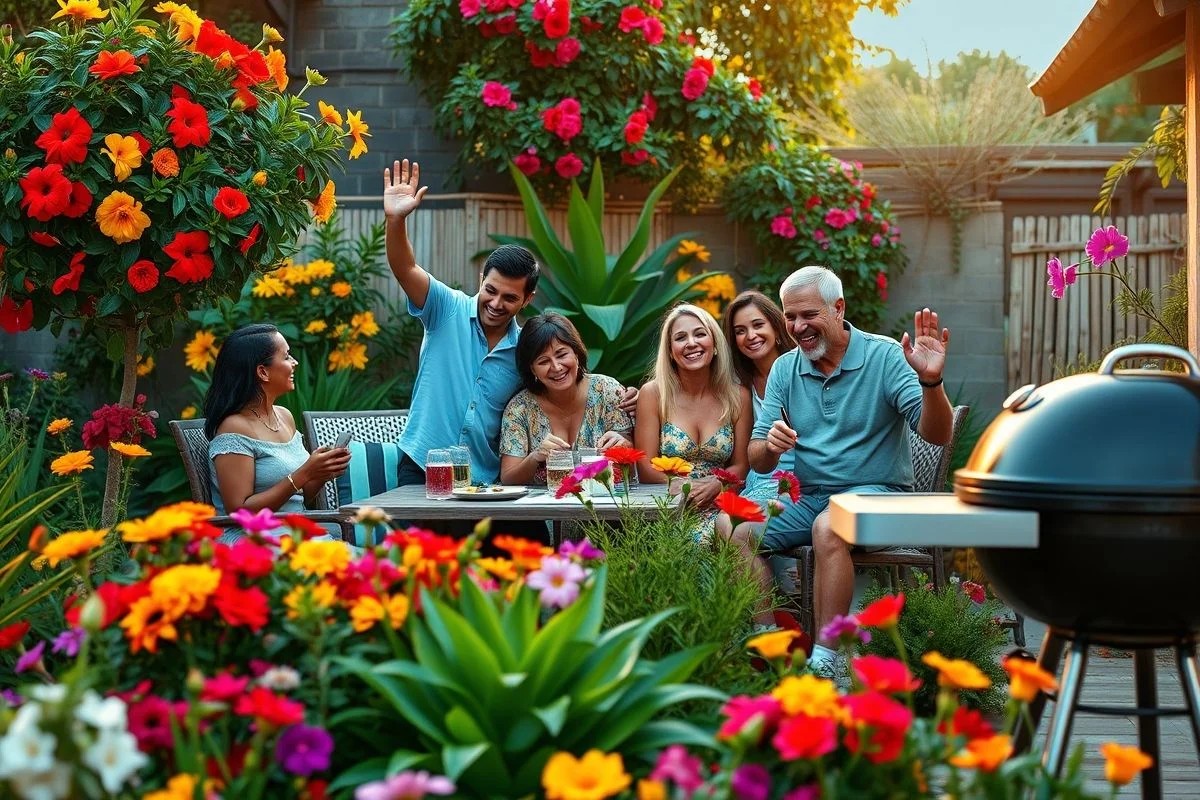 Família brasileira curtindo jardim florido na primavera, com churrasqueira ao fundo.