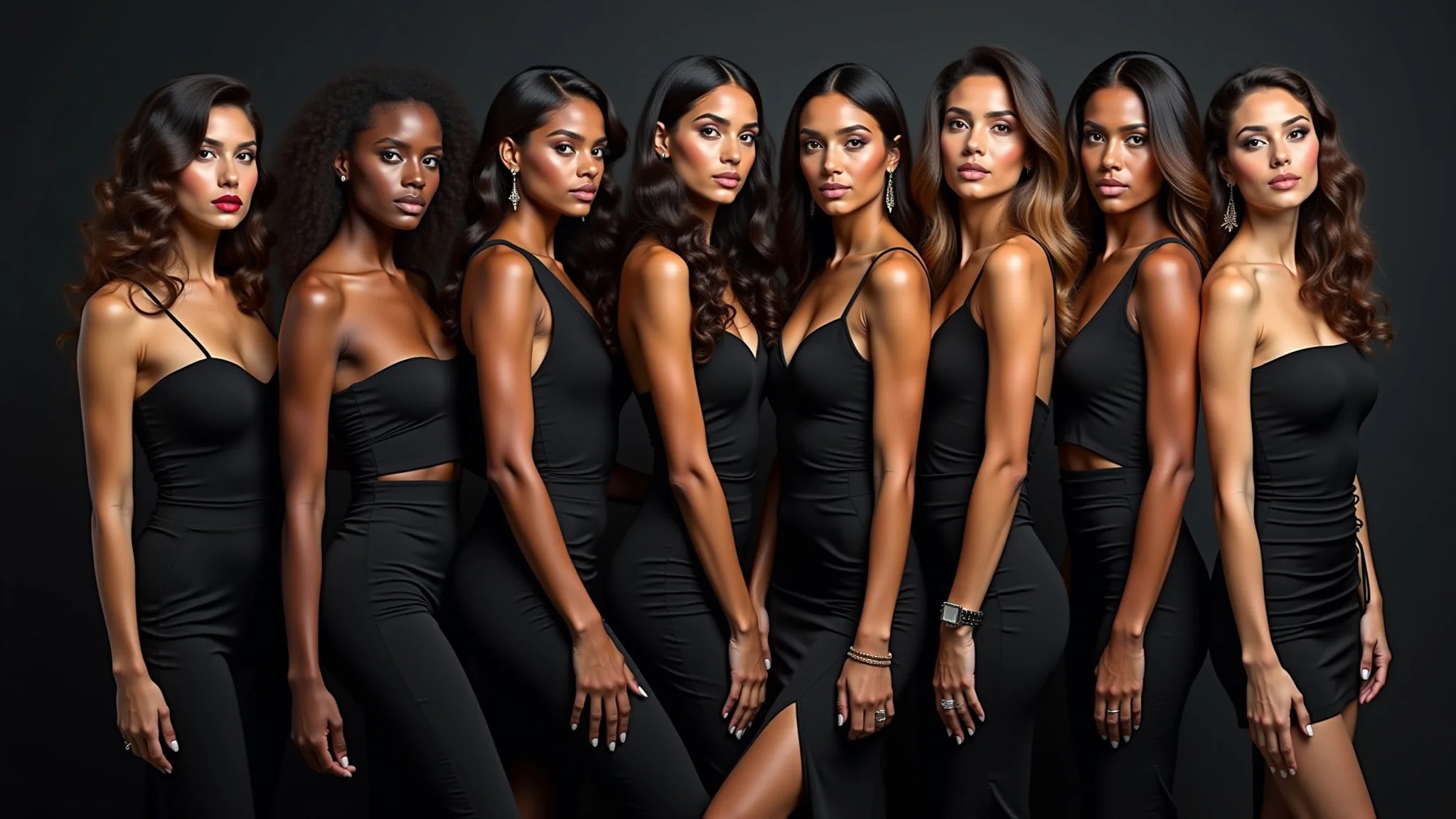 Modelos brasileiros em looks all black sofisticados para evento formal.