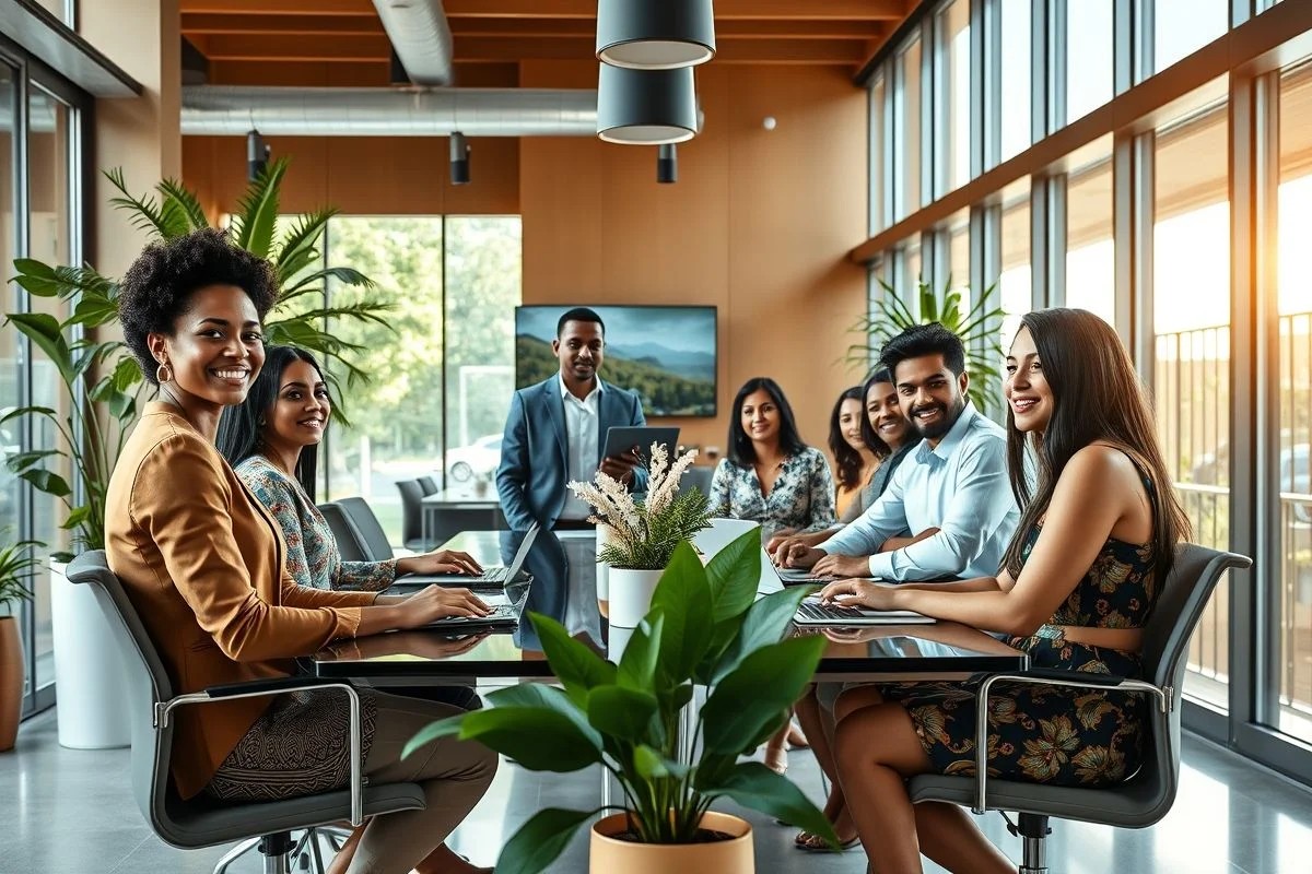 Equipe brasileira diversa trabalhando em conjunto em escritório moderno.
