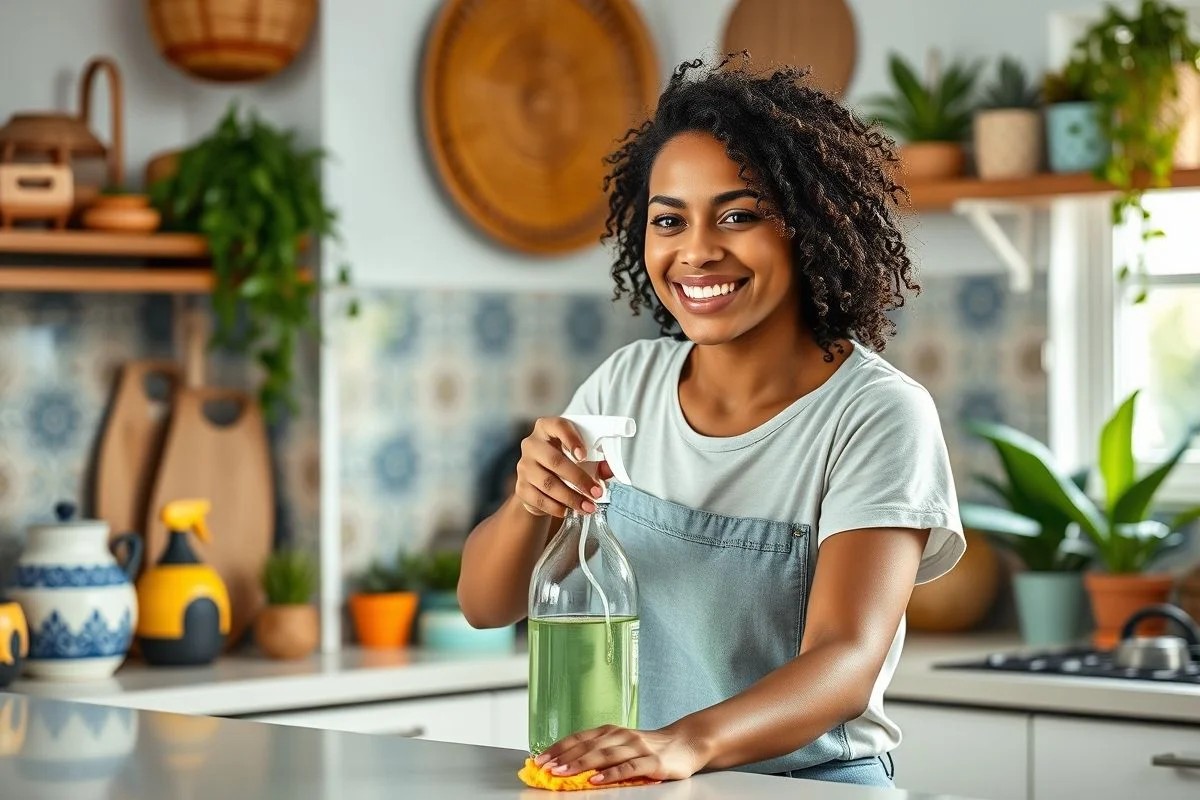 Mulher brasileira limpa bancada com produto caseiro.