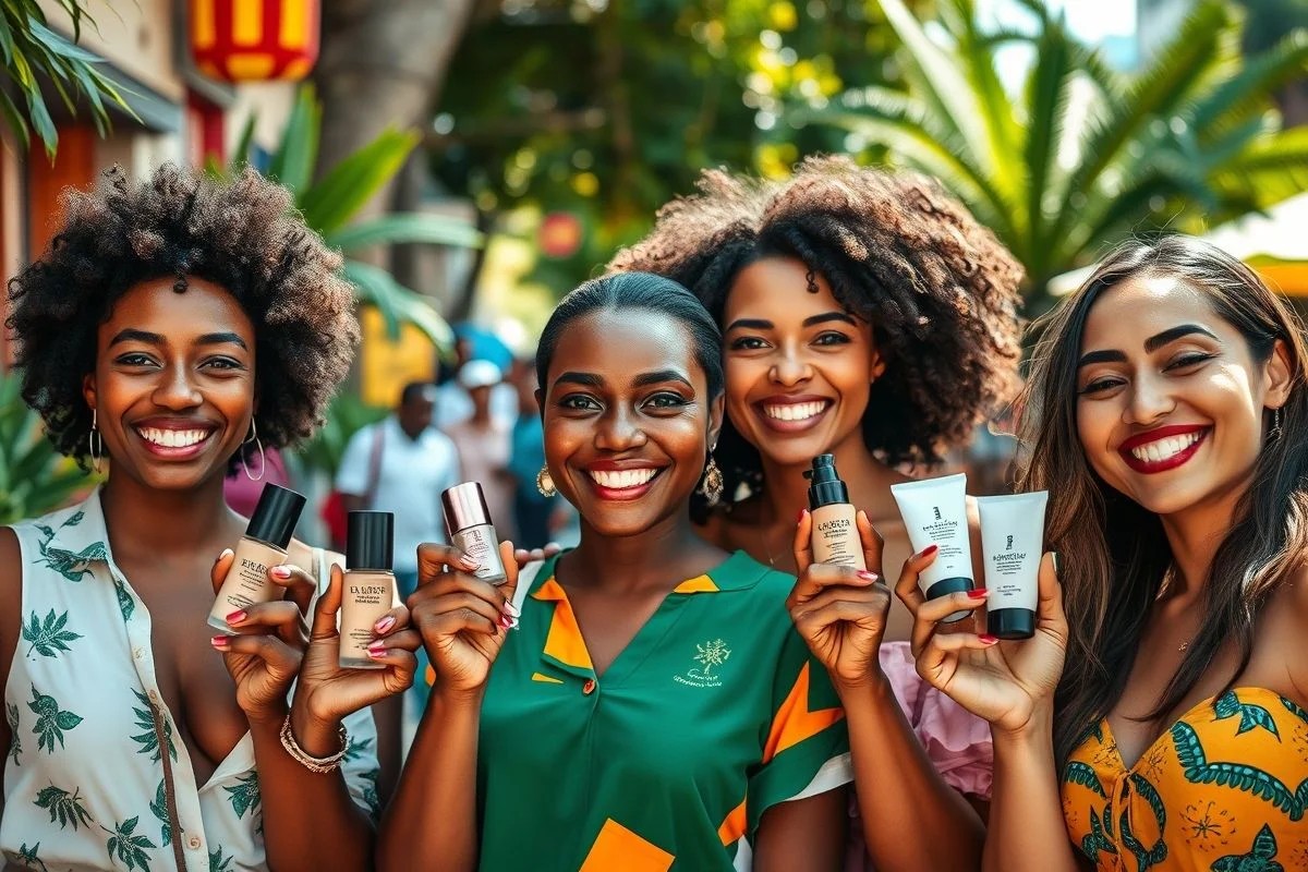 Mulheres brasileiras diversas segurando diferentes tipos de base.