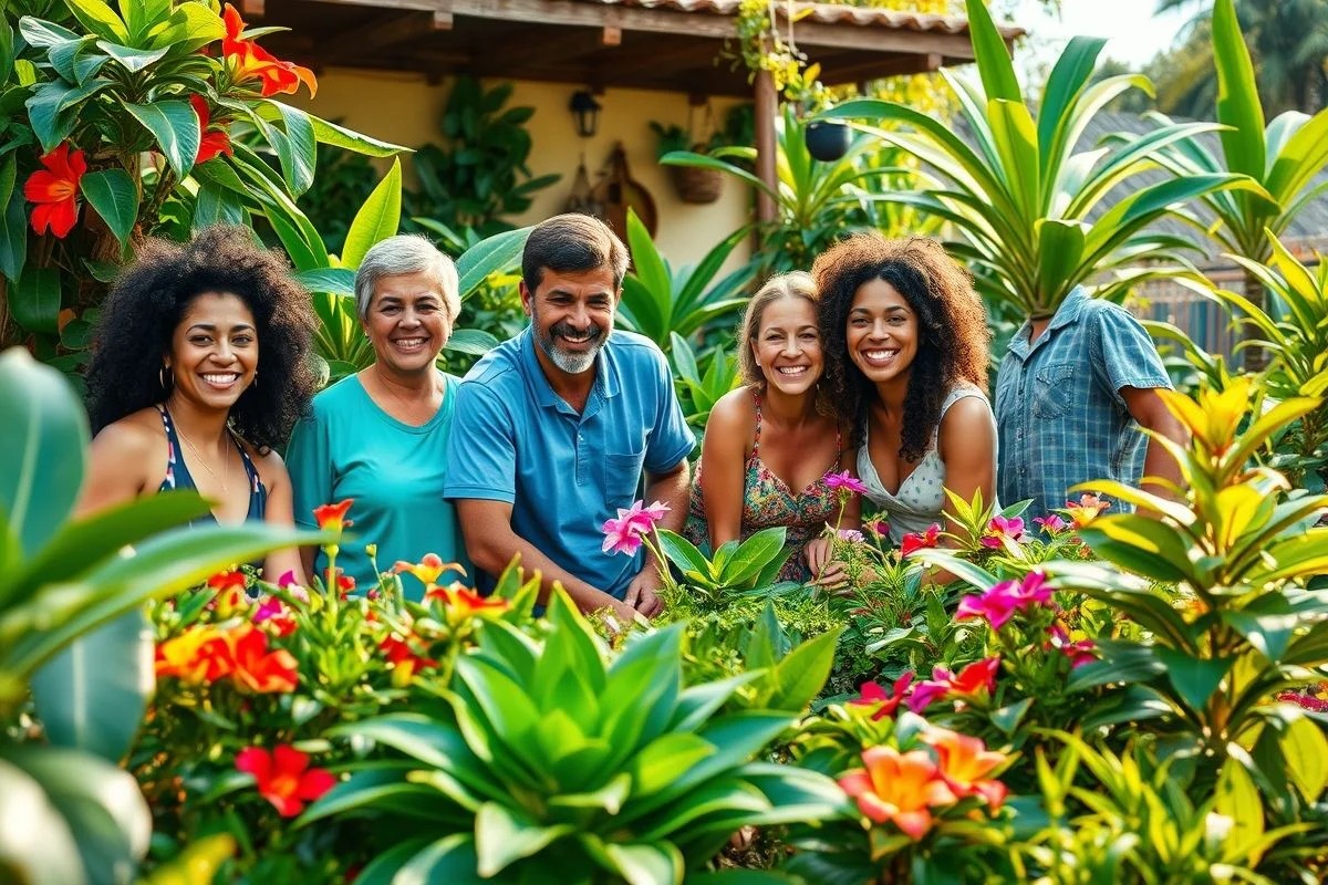 Família cuidando do jardim, alegria, plantas saudáveis, jardinagem Brasil