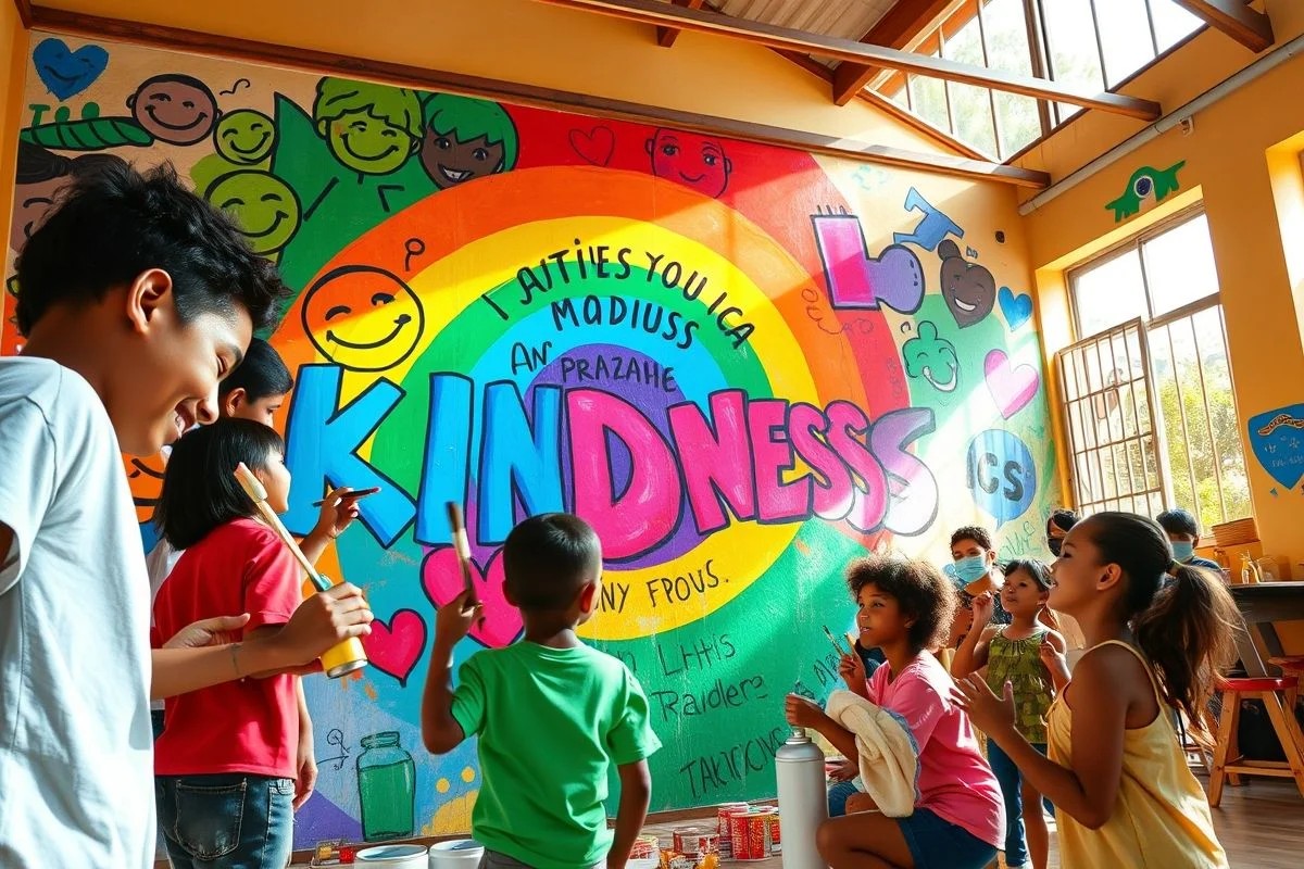 Crianças brasileiras pintando mural colorido com mensagens de gentileza.