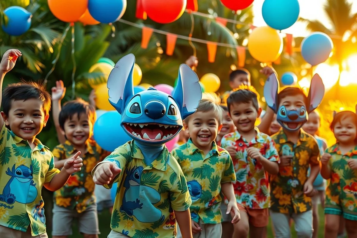 Crianças brasileiras brincando em festa temática do Stitch, diversão e inclusão em celebração no Brasil.