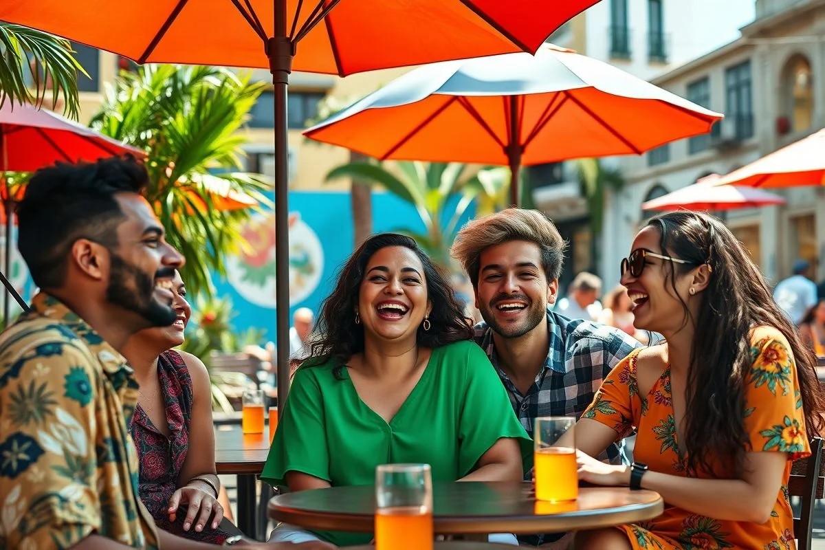 Amigos rindo juntos em café no Rio, representando alegria e conexão.