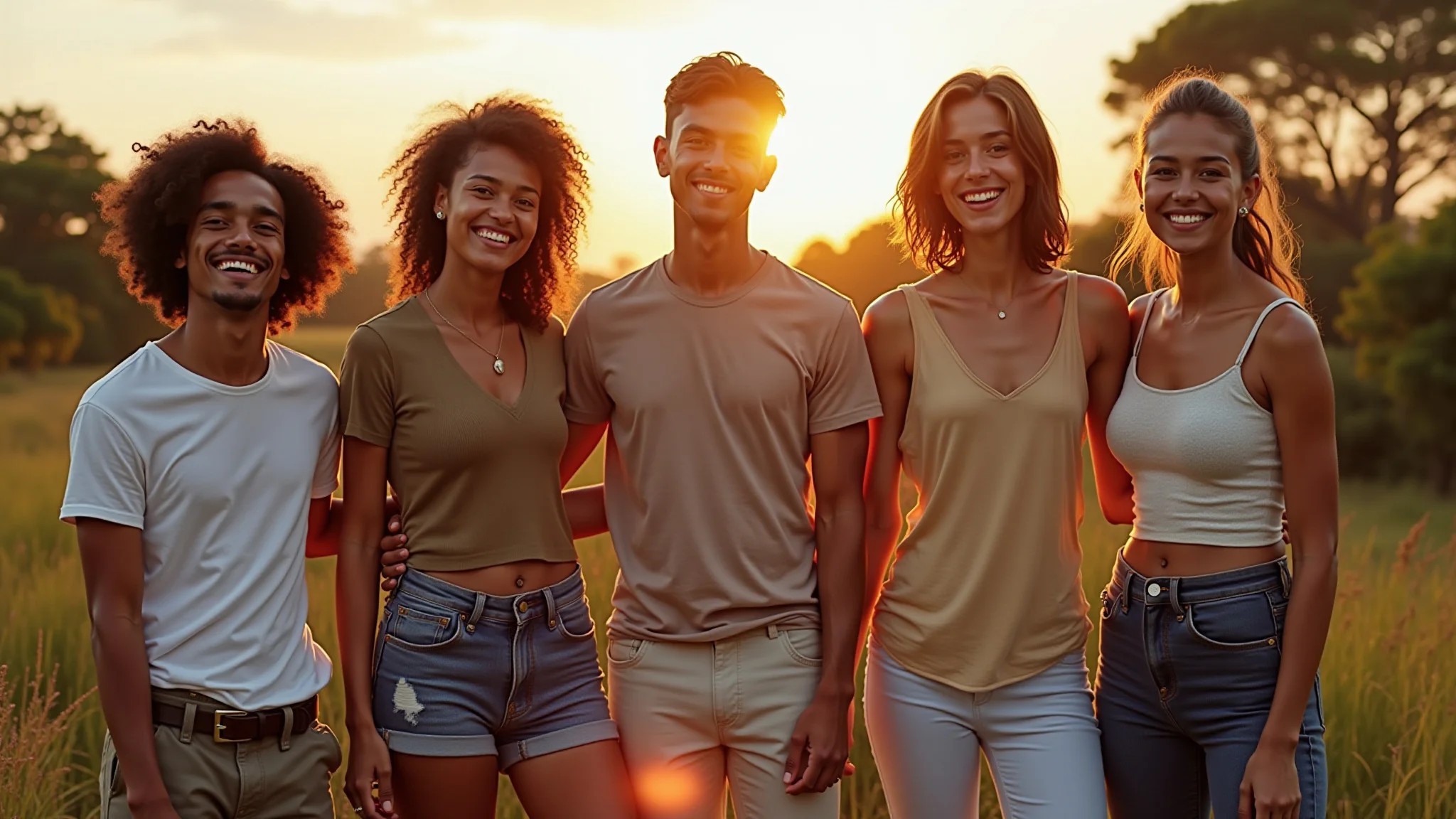 Amigos brasileiros com roupas de moda agênero.