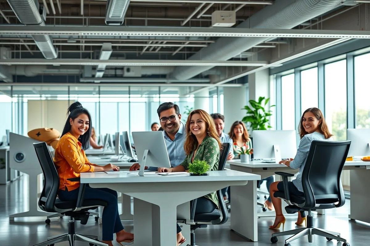 Equipe brasileira diversa trabalhando confortavelmente em cadeiras ergonômicas.
