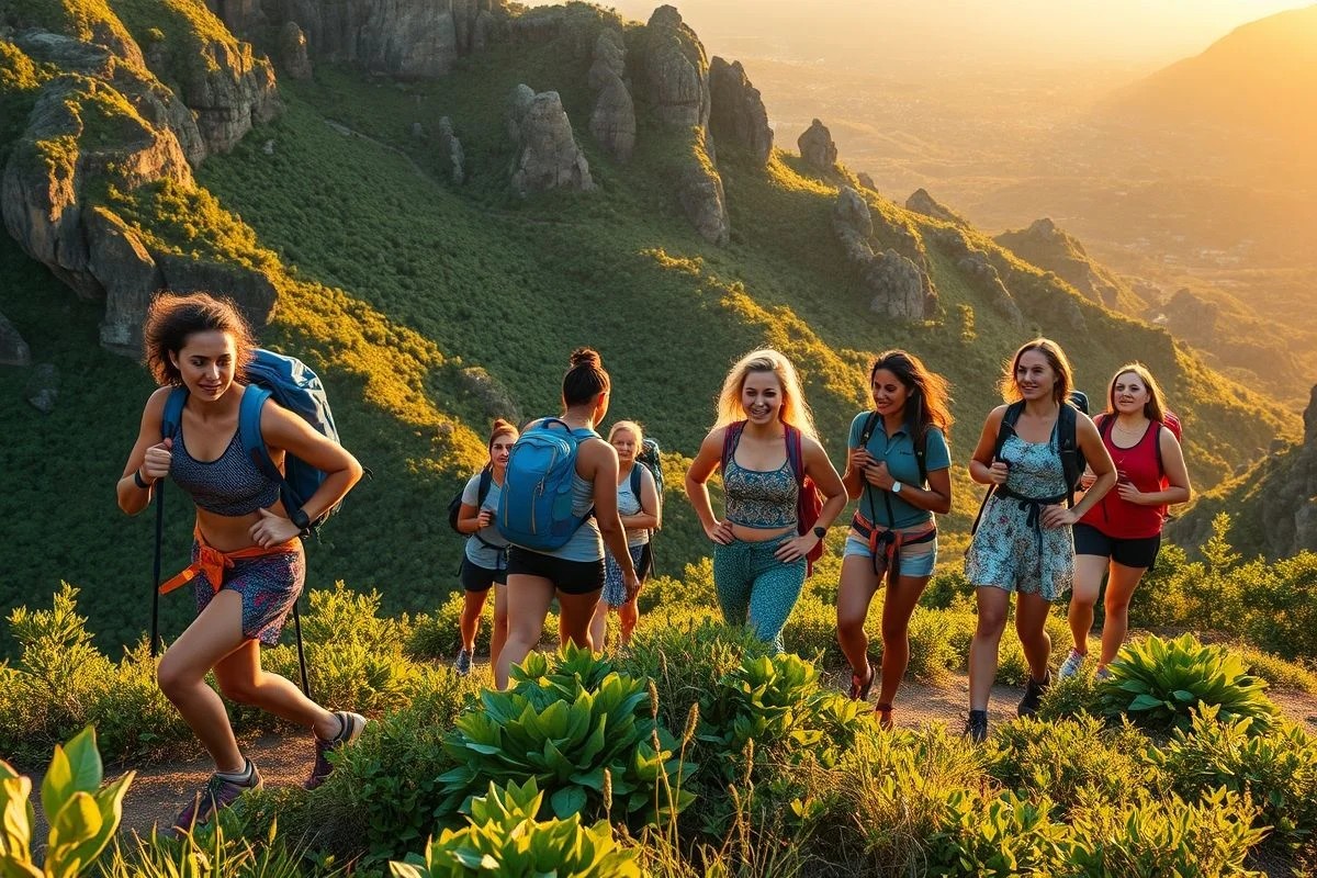Grupo diverso de brasileiras caminhando juntas na Chapada Diamantina, Bahia, união e força.