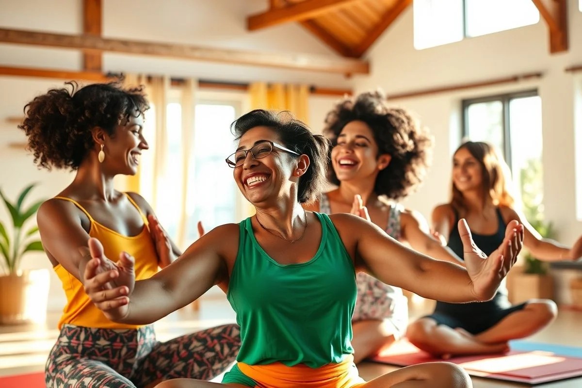 Mulheres brasileiras praticando yoga juntas, demonstrando apoio e resiliência.