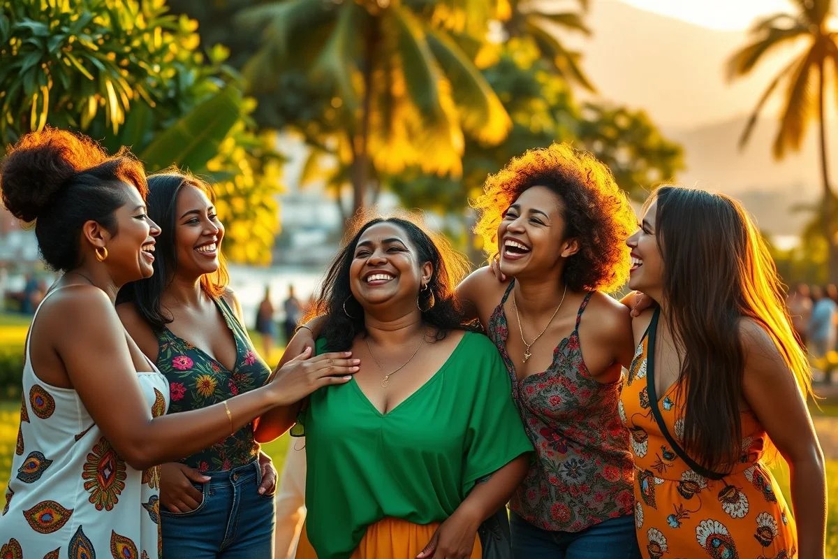 Grupo de amigas brasileiras se apoiando em parque no Rio de Janeiro.
