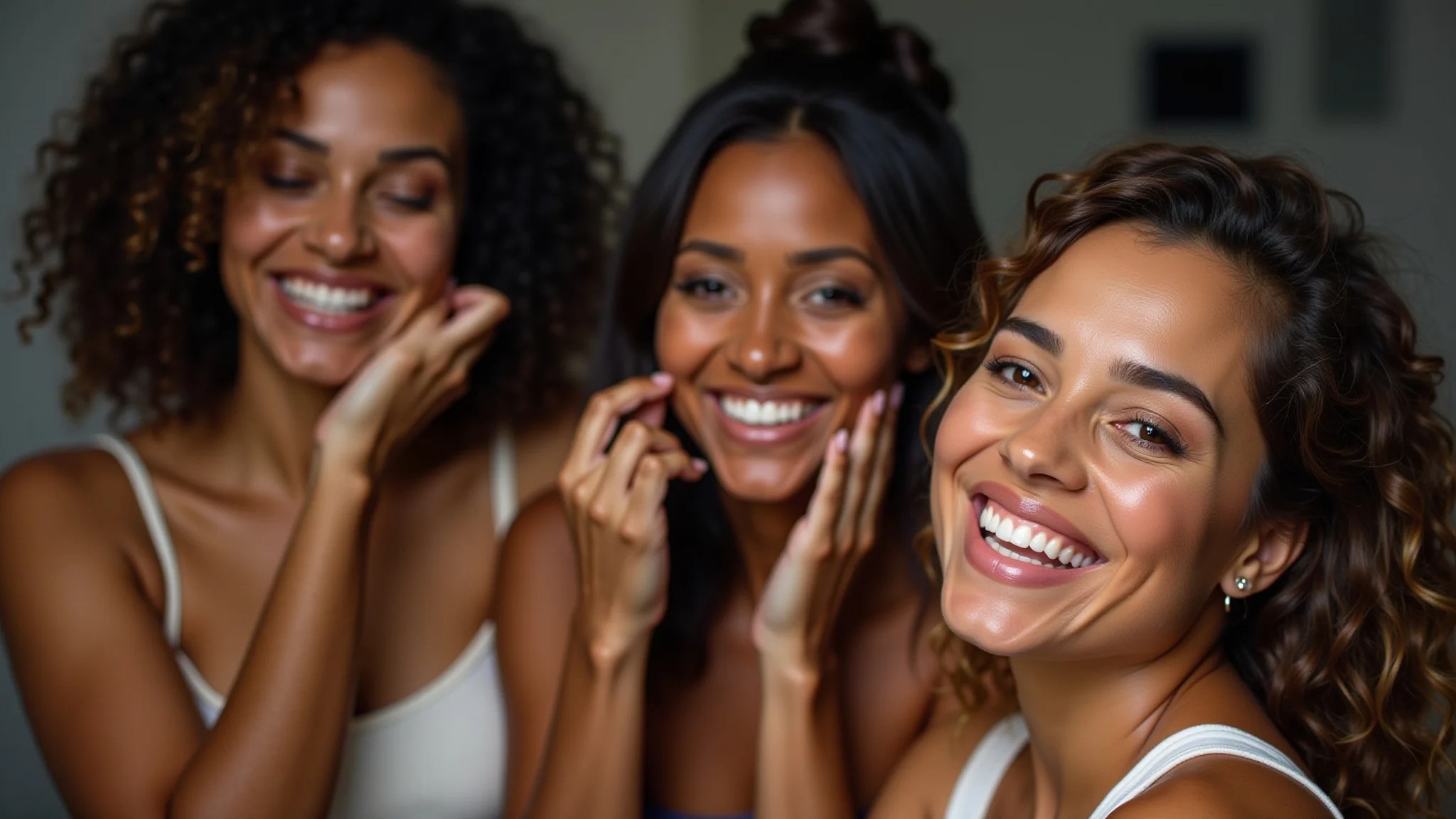 Mulheres brasileiras de diferentes etnias removendo a maquiagem.