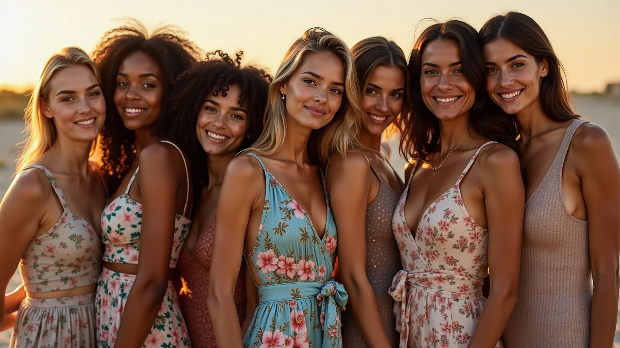 Grupo de mulheres brasileiras com diferentes looks florais.