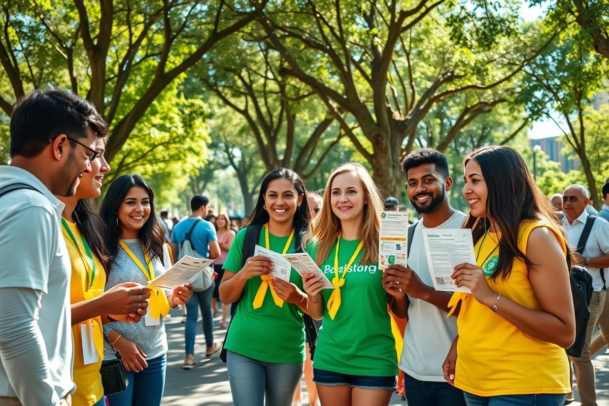 Voluntários distribuindo fitas amarelas em parque, ação do Setembro Amarelo.