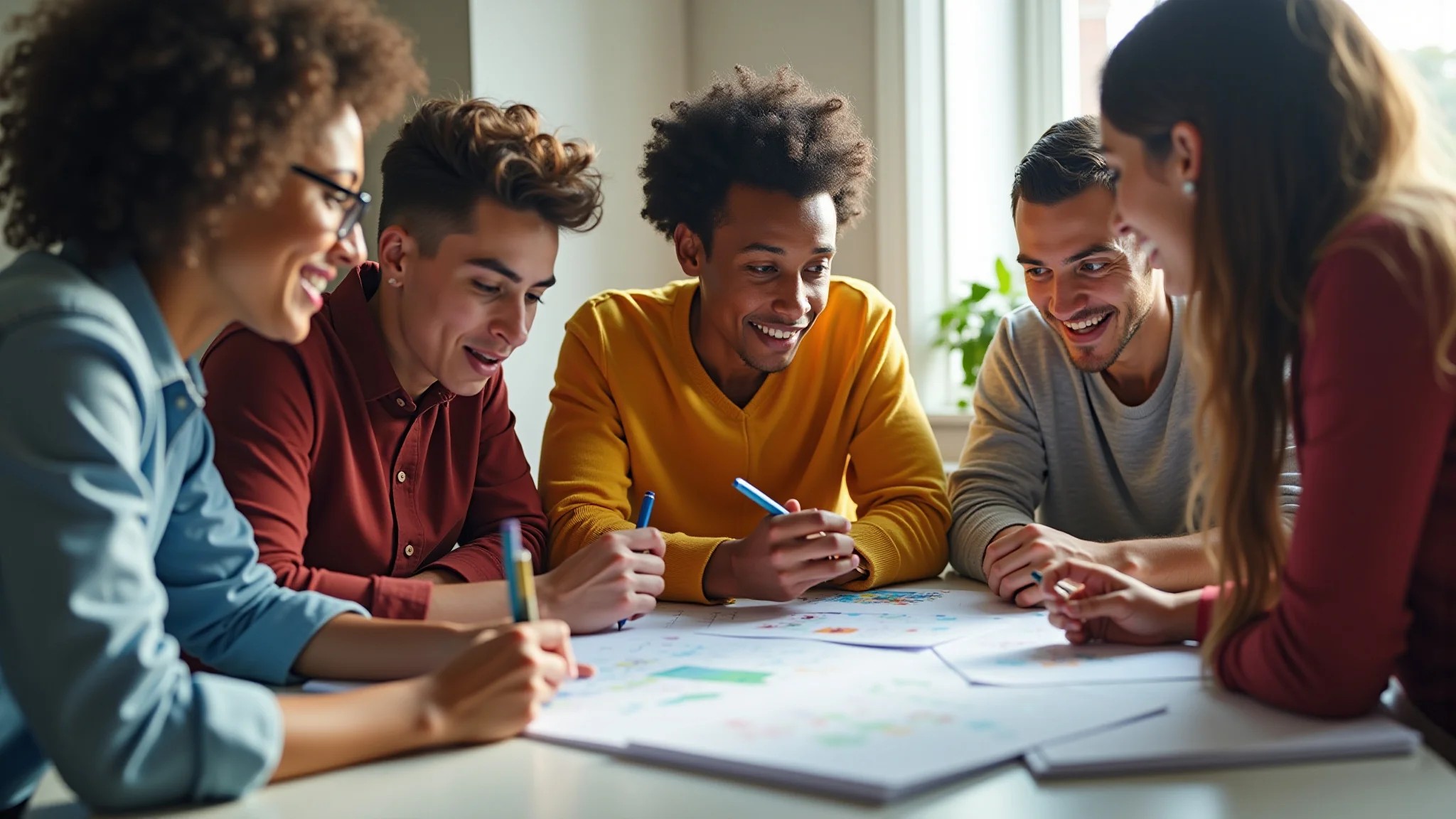 Grupo diverso de pessoas colaborando em projeto comunitário inclusivo.