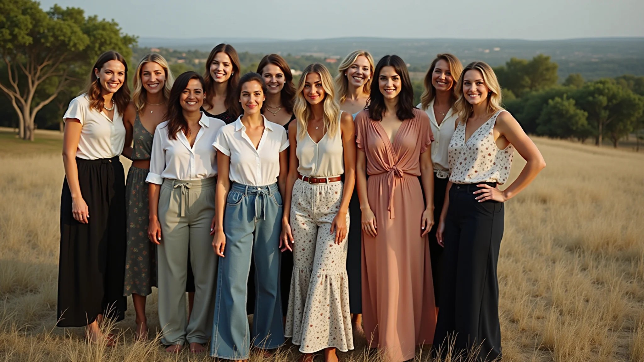 Grupo de mulheres em casamento, uma com calça pantalona preta de linho e blusa de seda.