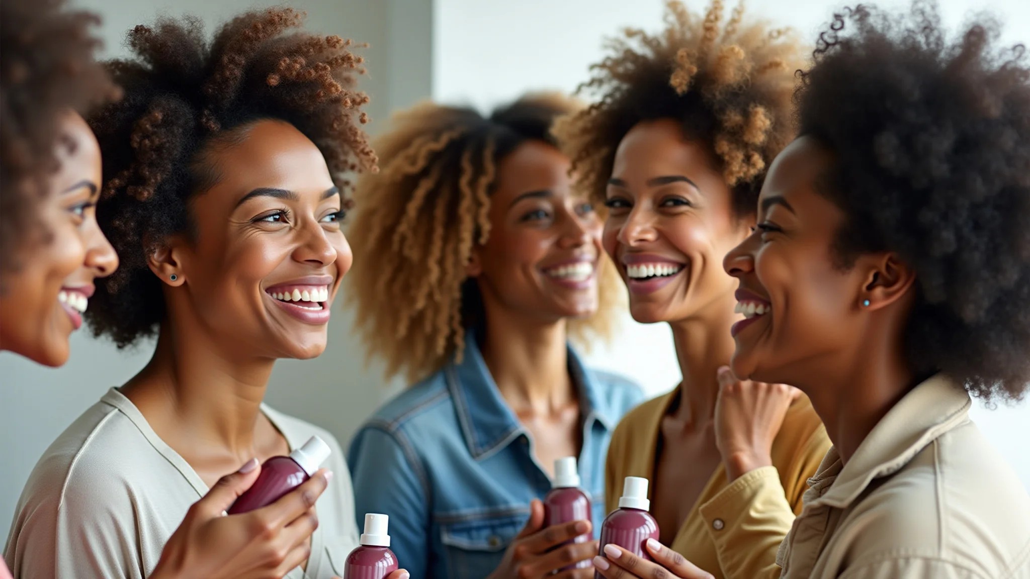 Grupo diverso de mulheres sorrindo com produtos para cabelo.