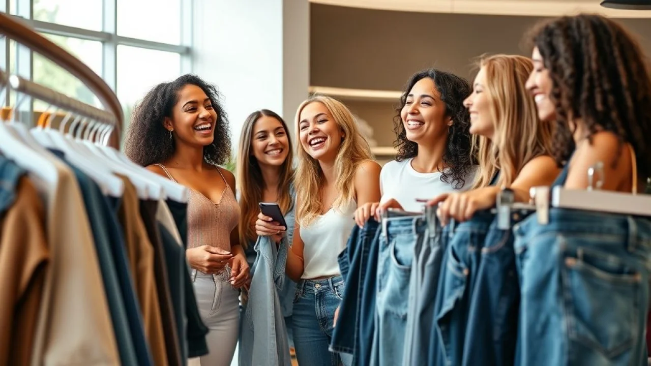 Mulheres brasileiras escolhendo jeans em loja. Moda e amizade.