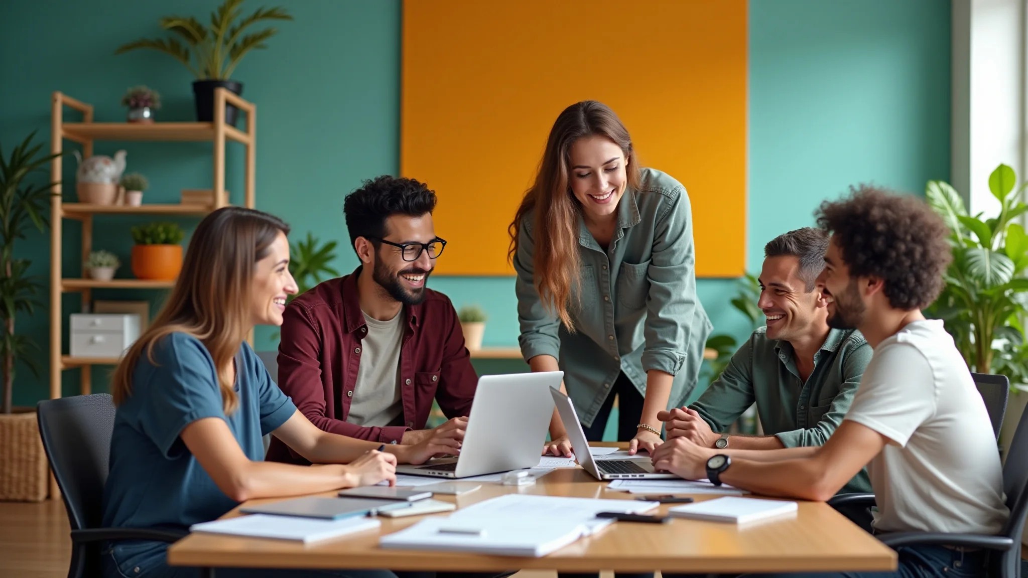 Grupo diverso trabalhando em escritório inclusivo com design brasileiro.