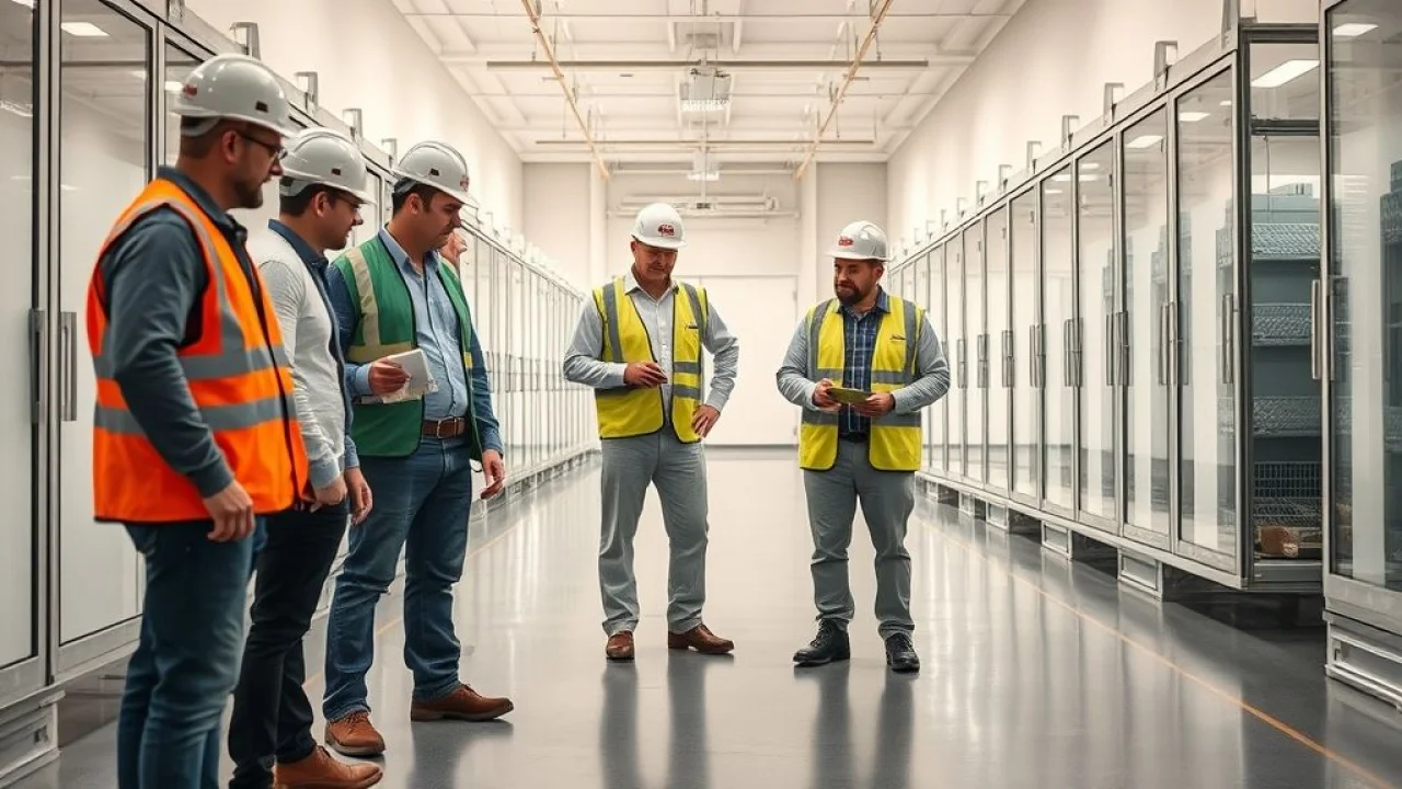 Equipe inspecionando piso de câmara fria no Brasil.