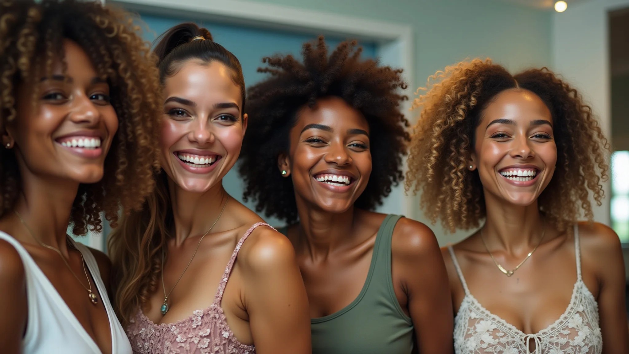 Mulheres diversas rindo, vários decotes, amizade brasileira, happy hour.