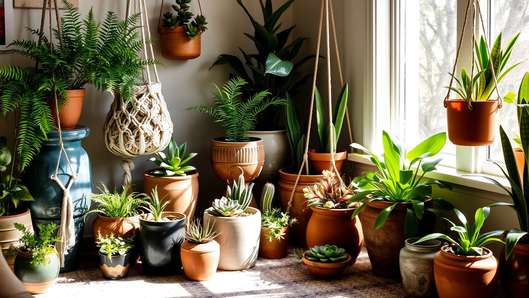 Coleção de plantas em vasos diversos em decoração boho chic