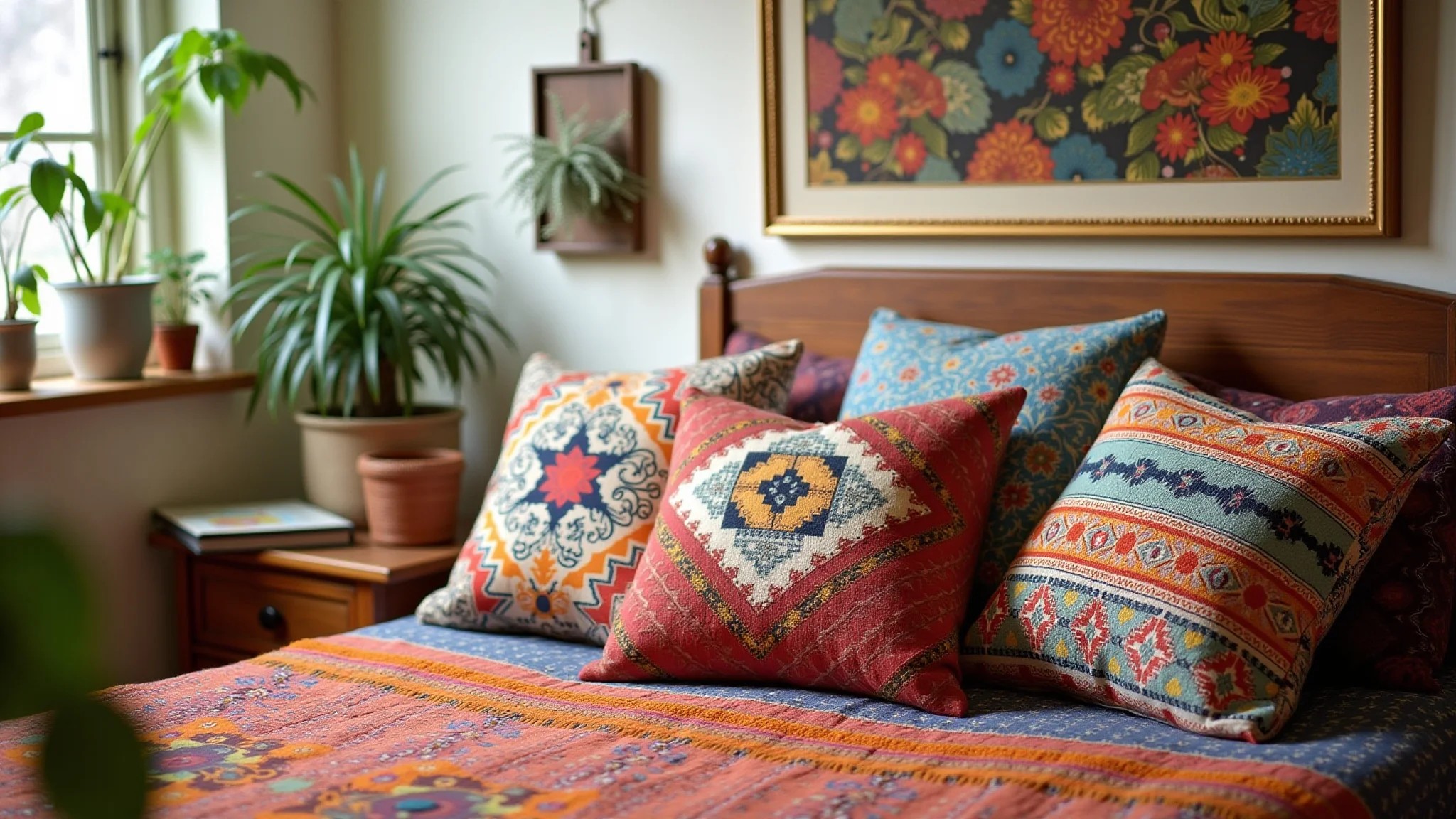 Decoração DIY boho: almofadas artesanais, arte reciclada e padrões étnicos.